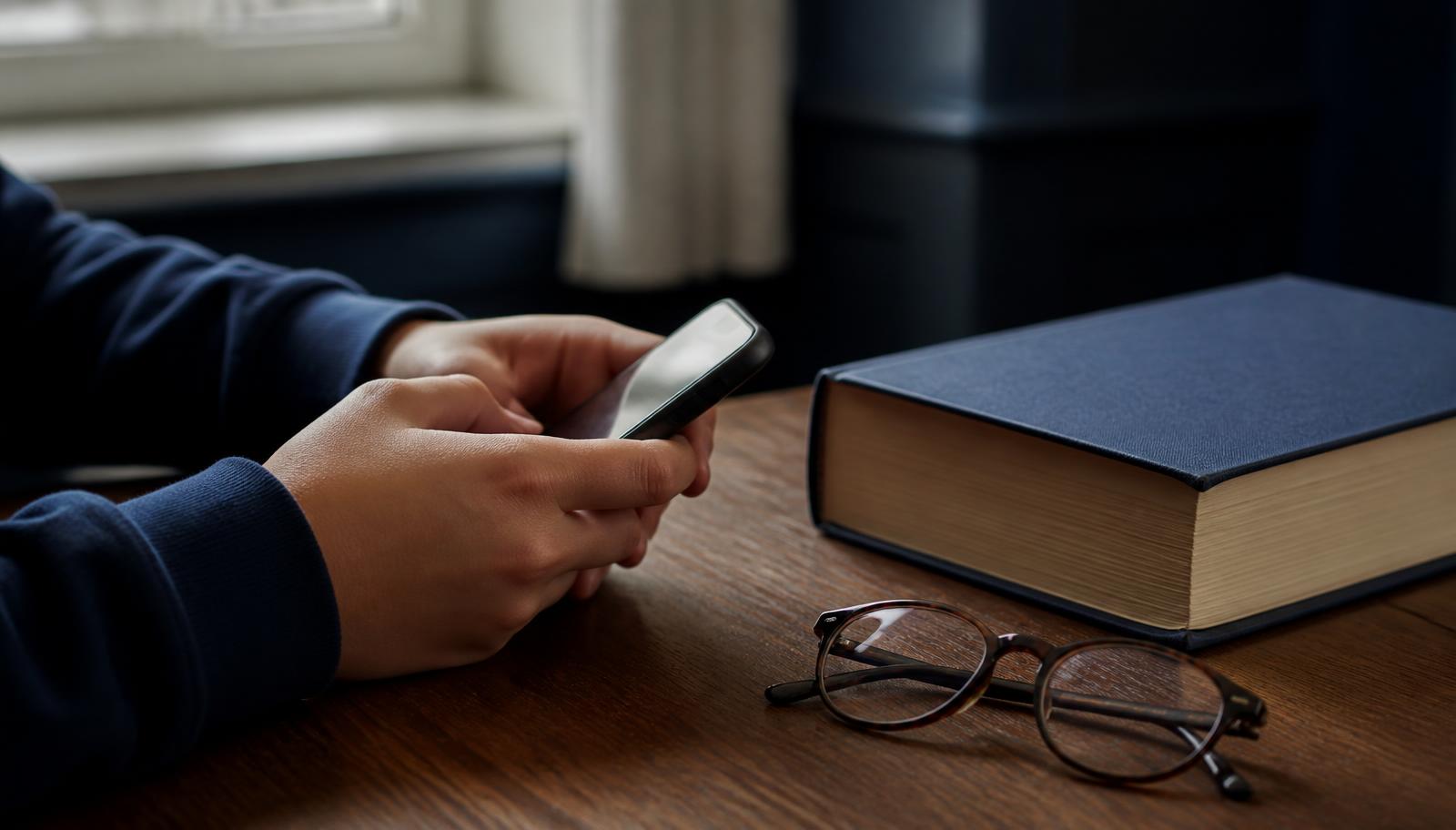 A young person holding a smartphone at a desk beside a closed law book and reading glasses